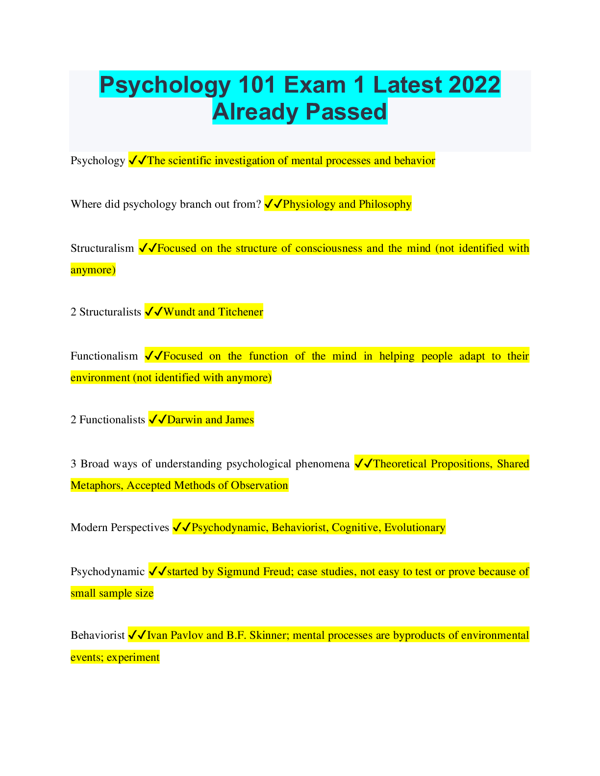 Psychology 101 Exam 1 Latest 2022 Already Passed Browsegrades